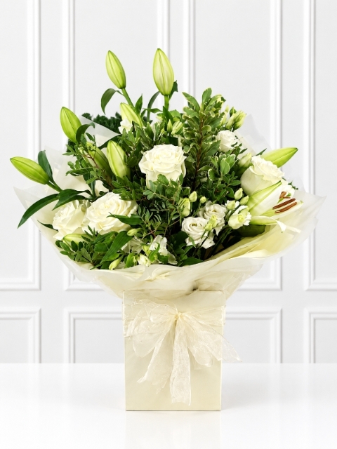 Rose, Lily and Lisianthus hand tied
